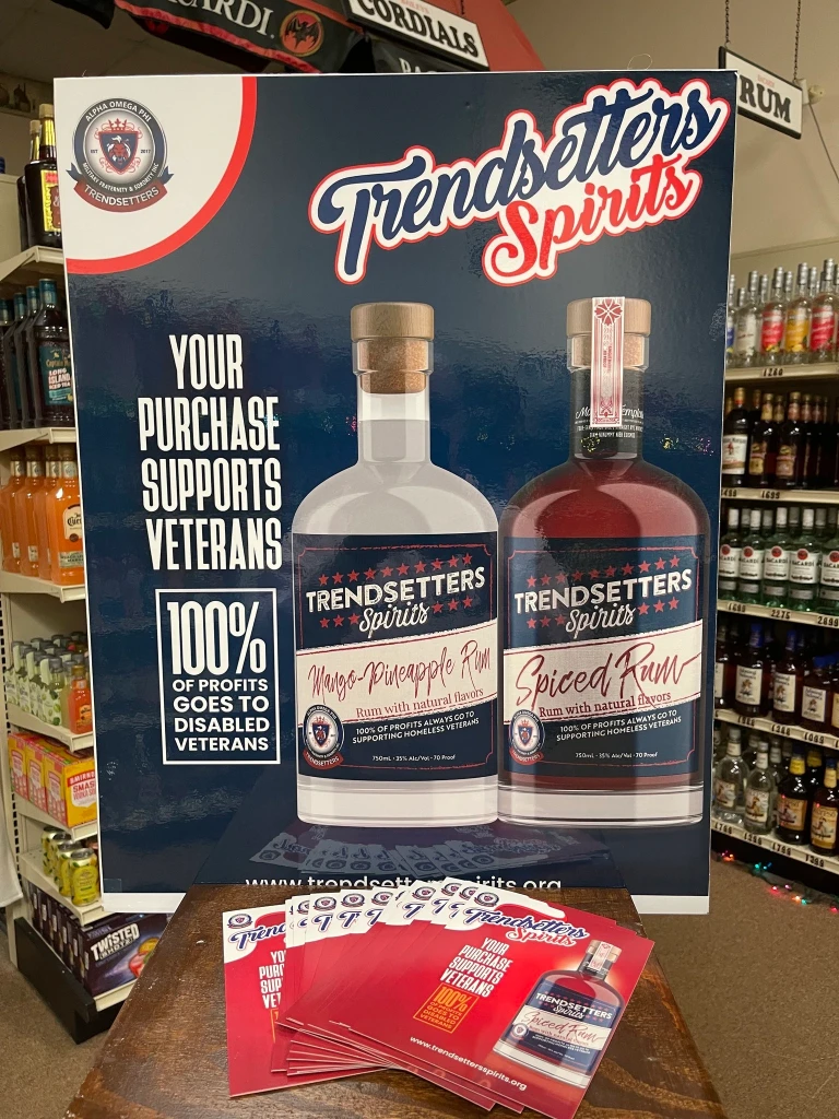 Trendsetters Spirits pamphlets & poster stating all their profits support disabled veterans.